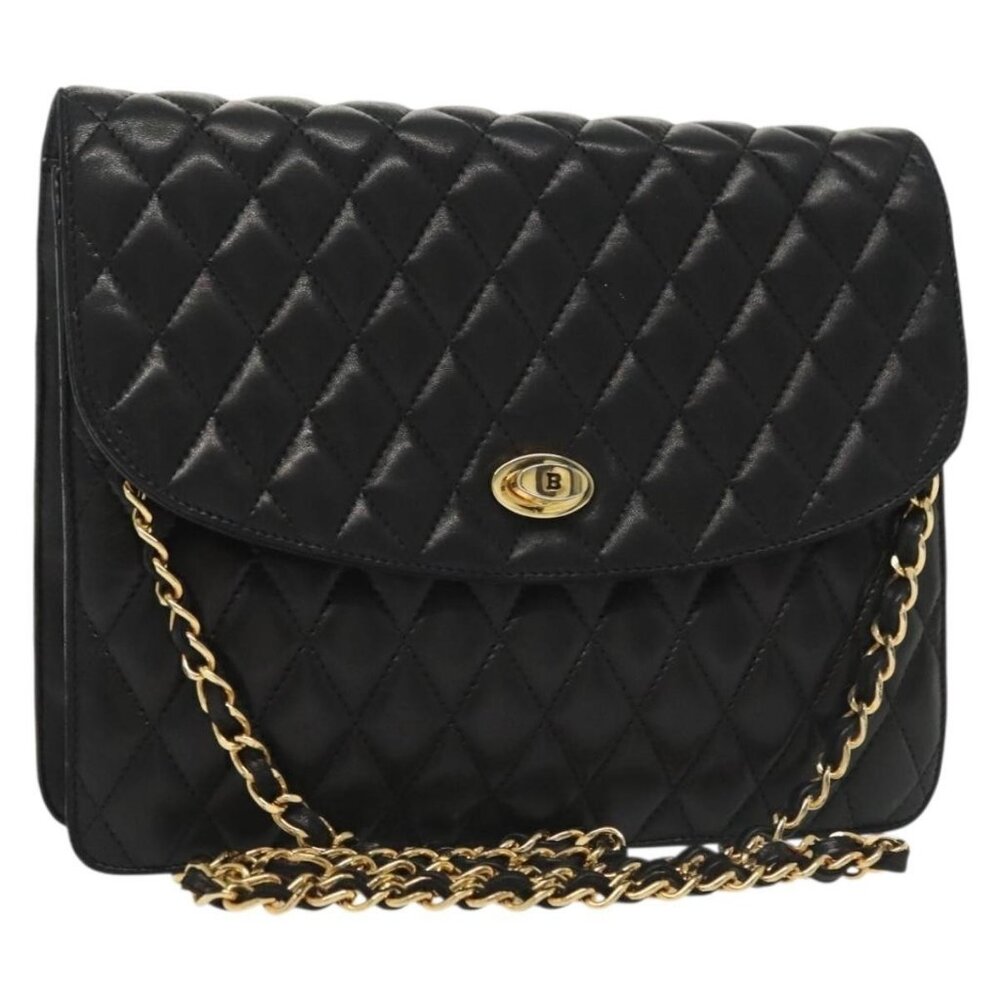 Authentic BALLY Chain Shoulder Bag Leather Black Gold